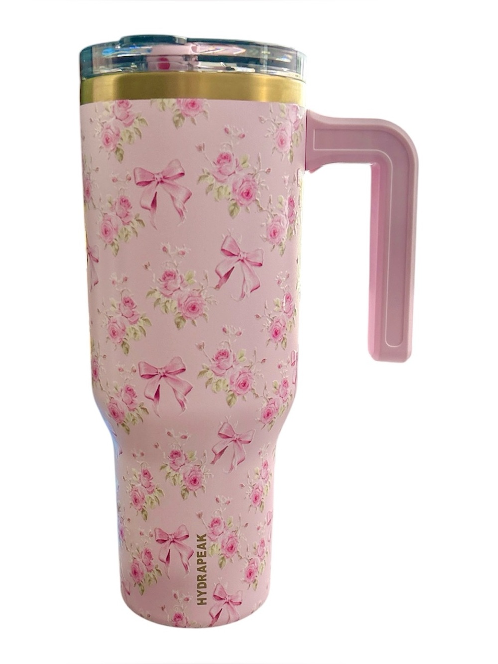 Hydrapeak Stainless Steel Pink Floral Bows Insulated Travel Mug with Handle 40oz